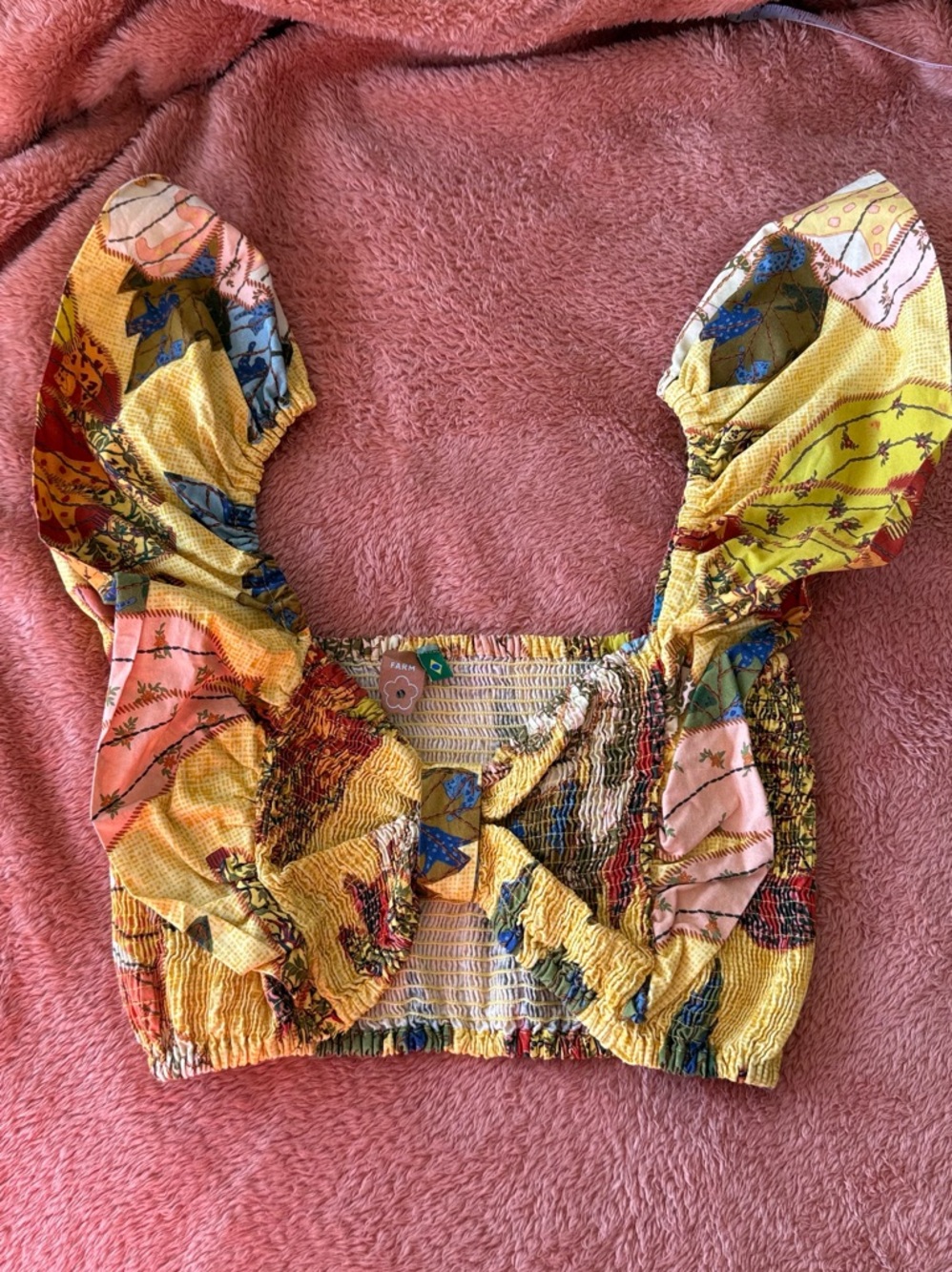 FARM Rio Yellow Tropical Sweetheart Cotton Crop Top M